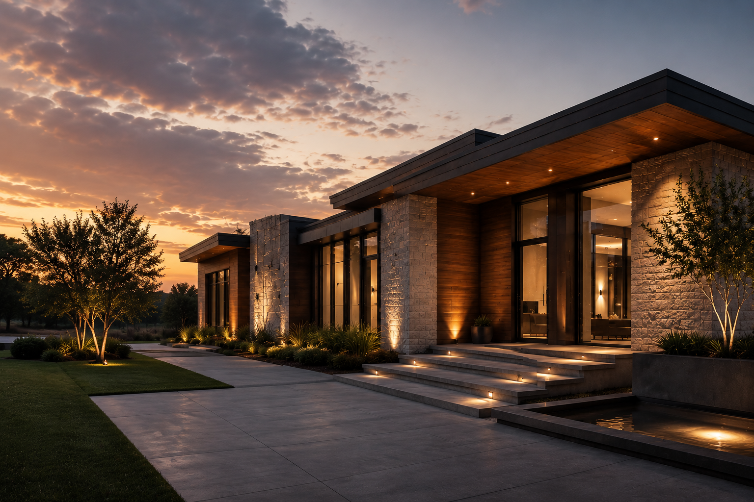 Modern home built by GMC Builders at dusk
